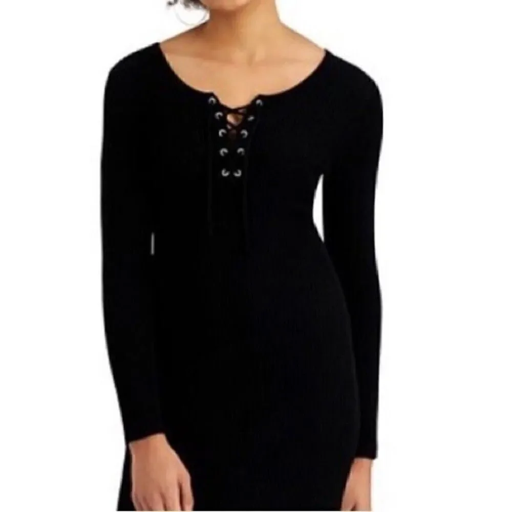 HIPPIE ROSE Juniors' Lace Up Sweater Dress black dress XL